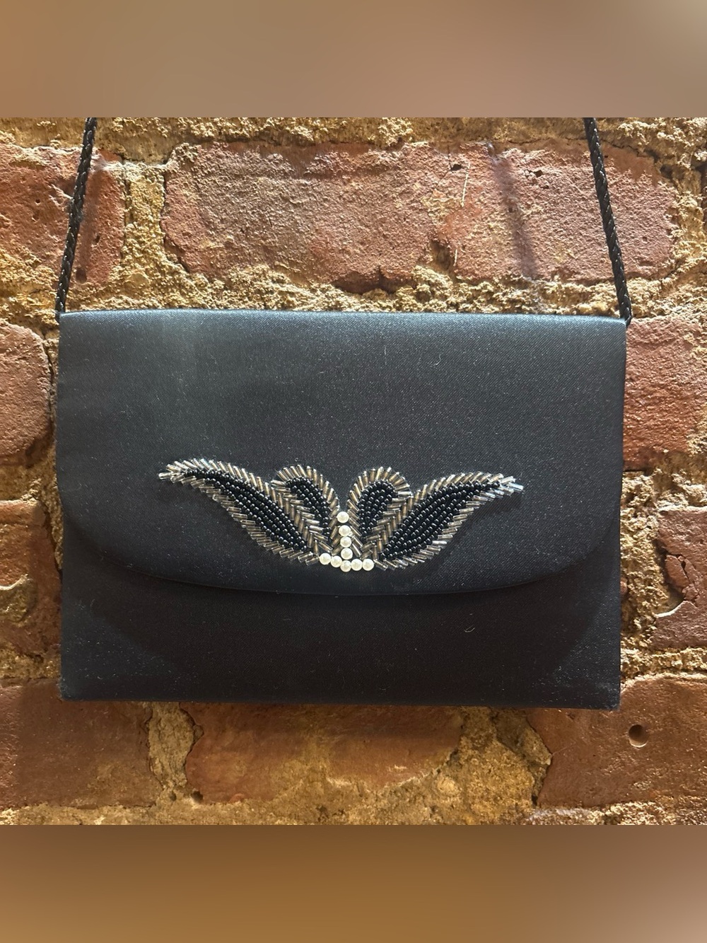 Vintage Elegant Black Satin Beaded Evening Clutch